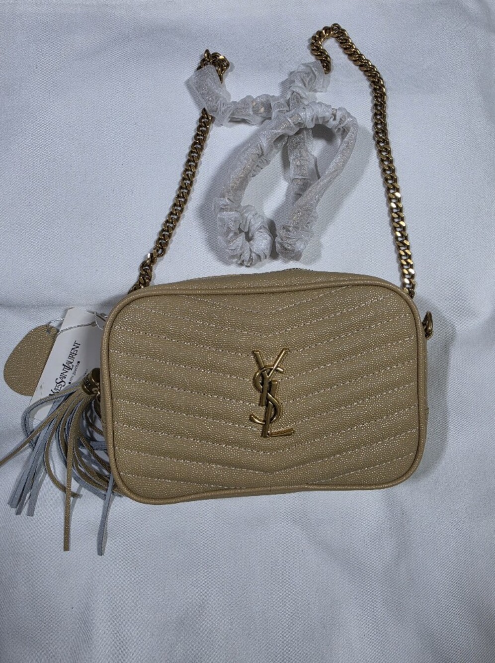 Beige Quilted Leather Crossbody Camera Bag with Chain
